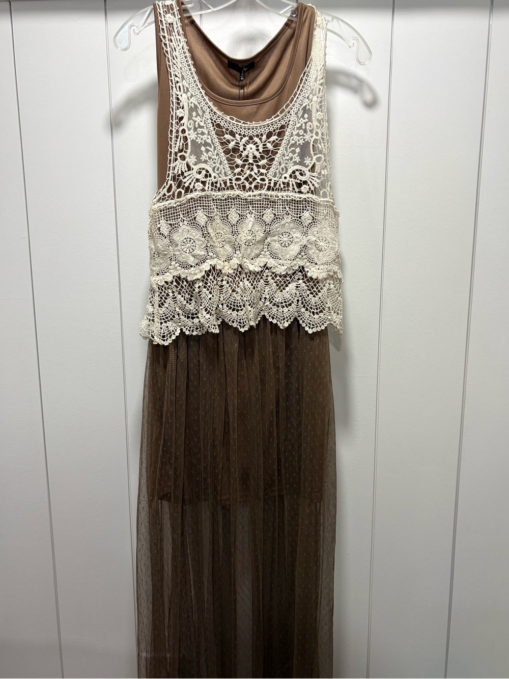 Ryu Maxi Dress size Small Lace Back Crochet Tulle  Cottage-core New NWT Brown